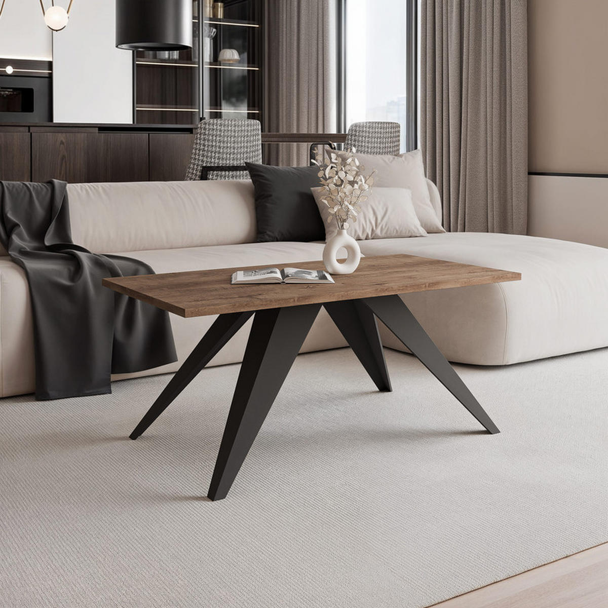 COUCHTISCH AIRA 120/60/48 cm Rechteckig, Schwarz/Lefkas-Eiche - Eichefarben/Schwarz, Metall (60/120/48cm) - Idohome