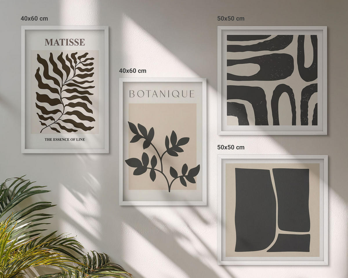 BILDER SET 4er Set - 50x50 cm & 40x60 cm Weißer Rahmen - Minimalistische Pflanzenposter - Weiß, Kunststoff (50/50cm) - TULUP