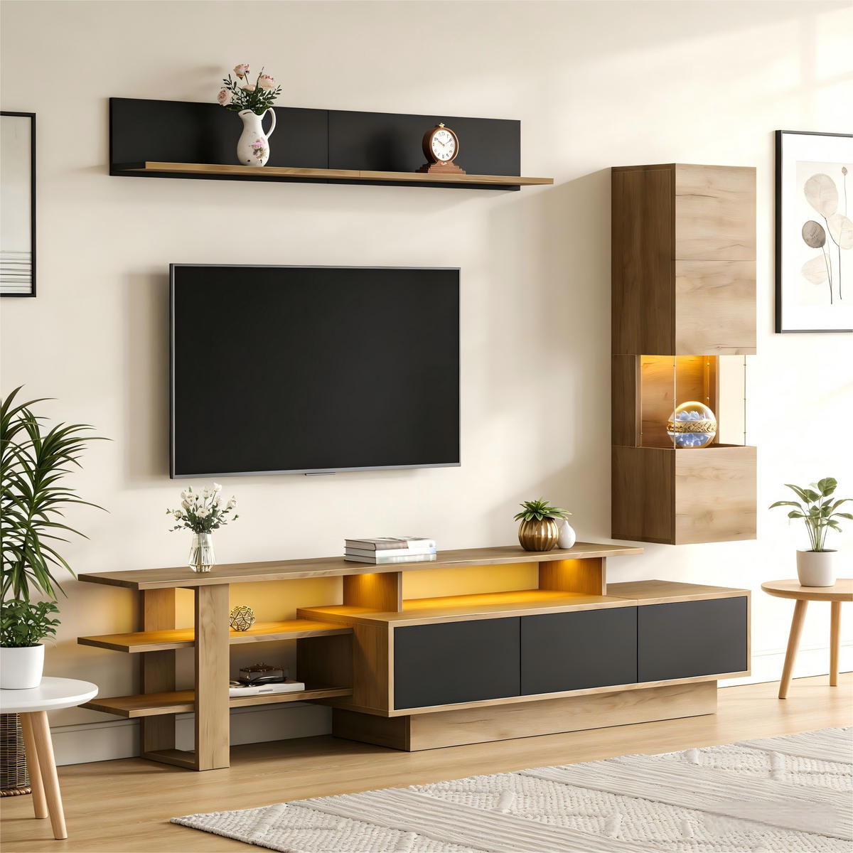 TV-ELEMENT 180/40/45 cm Natur + Schwarz mit LED Beleuchtung und 3 Schublade (3 Stück) - Schwarz, Holz (180/45/40cm) - Oxeza