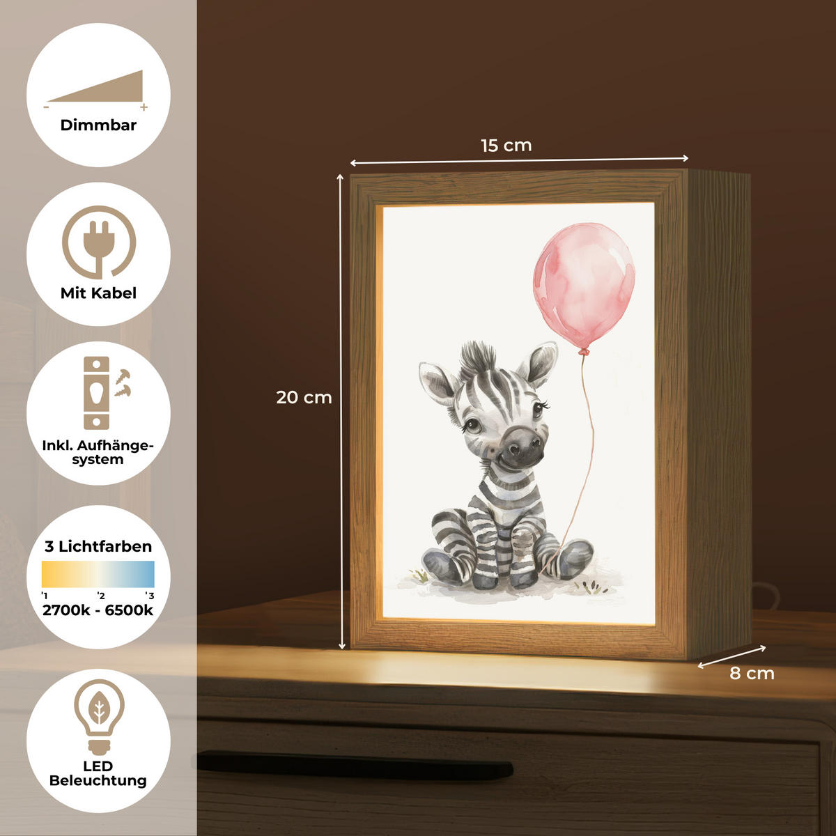 WANDLEUCHTE Zebra - Baby - Tiere - Rosa Luftballon 15x20 cm - Weiß, Holzwerkstoff (15/20/8cm) - OnlyWow