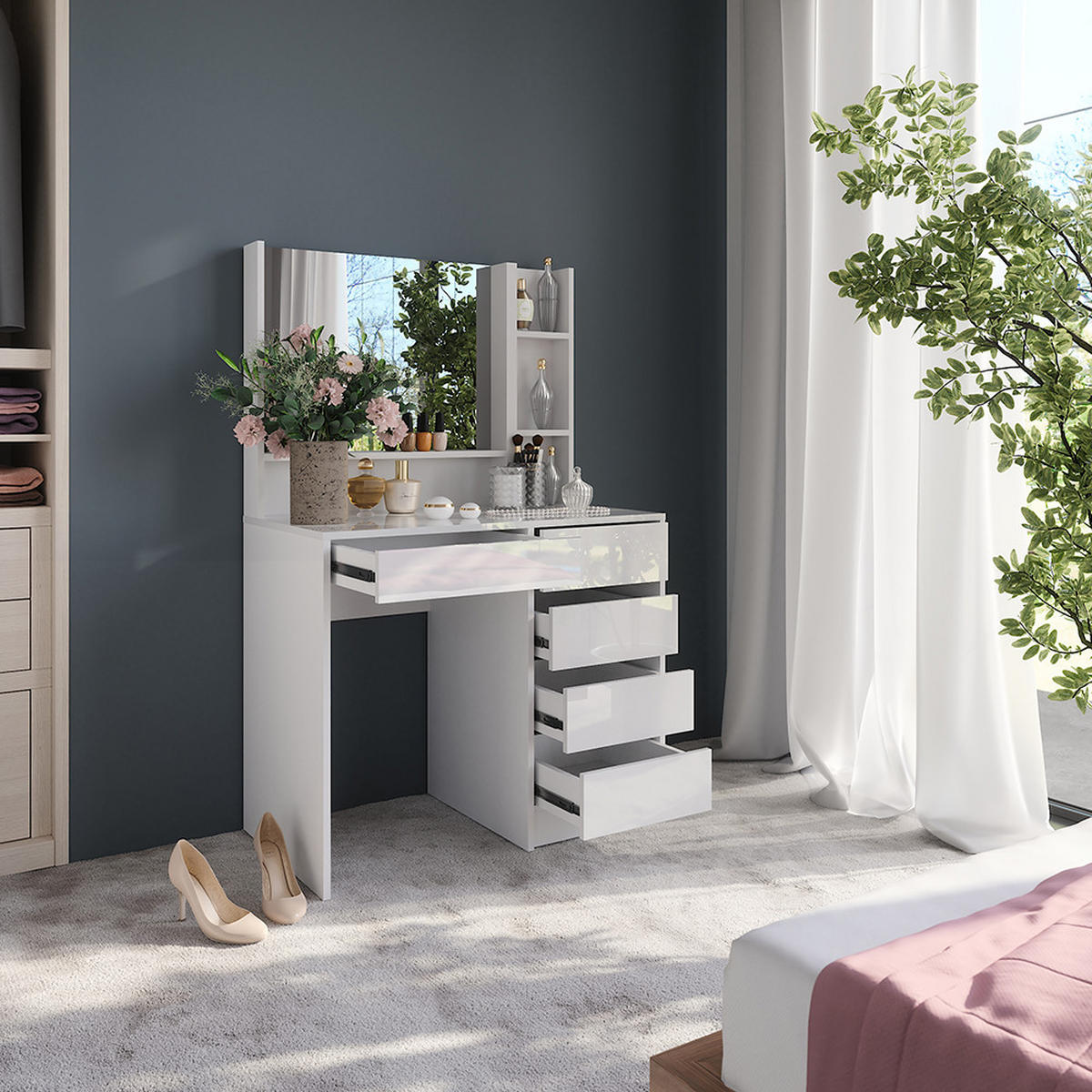 SCHMINKTISCH Sherry Weiß/Weiß Hochglanz 89.8 cm 3 Teile - Weiß Hochglanz, Holzwerkstoff (50.1cm) - Vicco