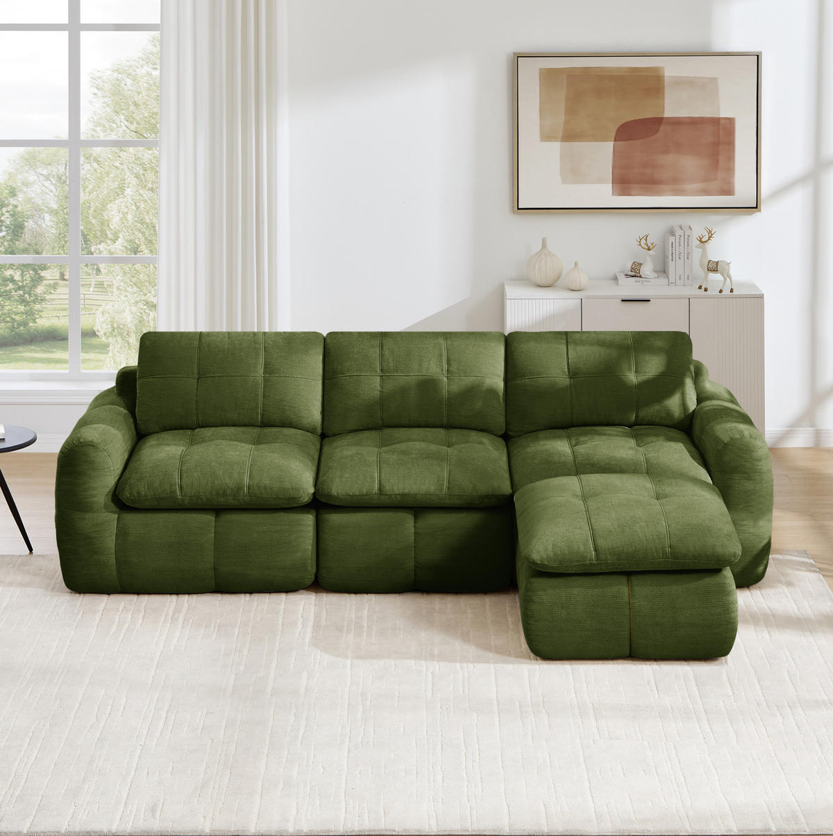 SOFA 264/160/68 cm in Grün aus Chenille mit modularem Aufbau und Hocker - Grün, Textil (160/68/264cm) - Flora Grace