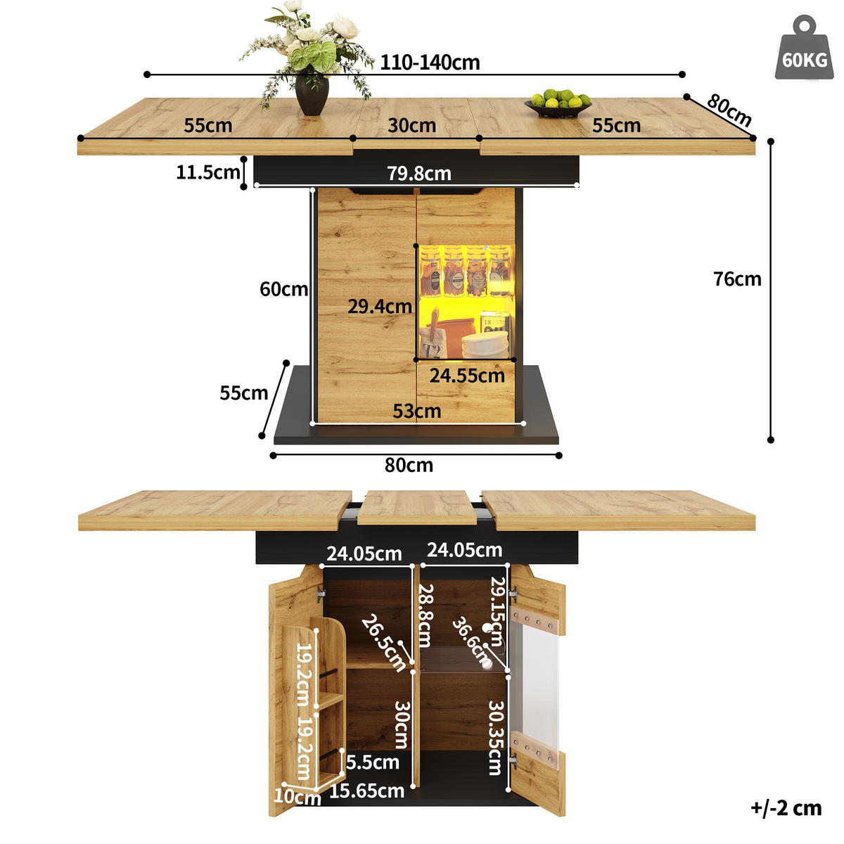 AUSZIEHTISCH Holzoptik Schwarz 110-140/80/76 cm - Schwarz, Holz (80/110/76cm) - PANGIVO