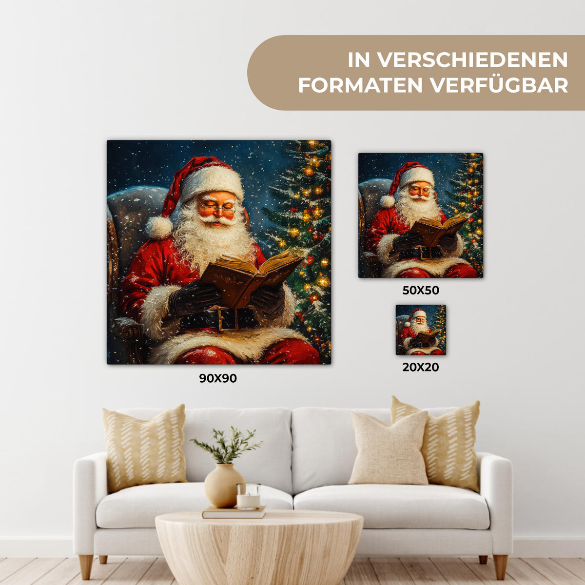 LEINWANDBILD Weihnachtsmann - Weihnachten - Winter - Weihnachtsbaum 50x50 cm - Bordeaux, Textil (50/50cm) - MuchoWow