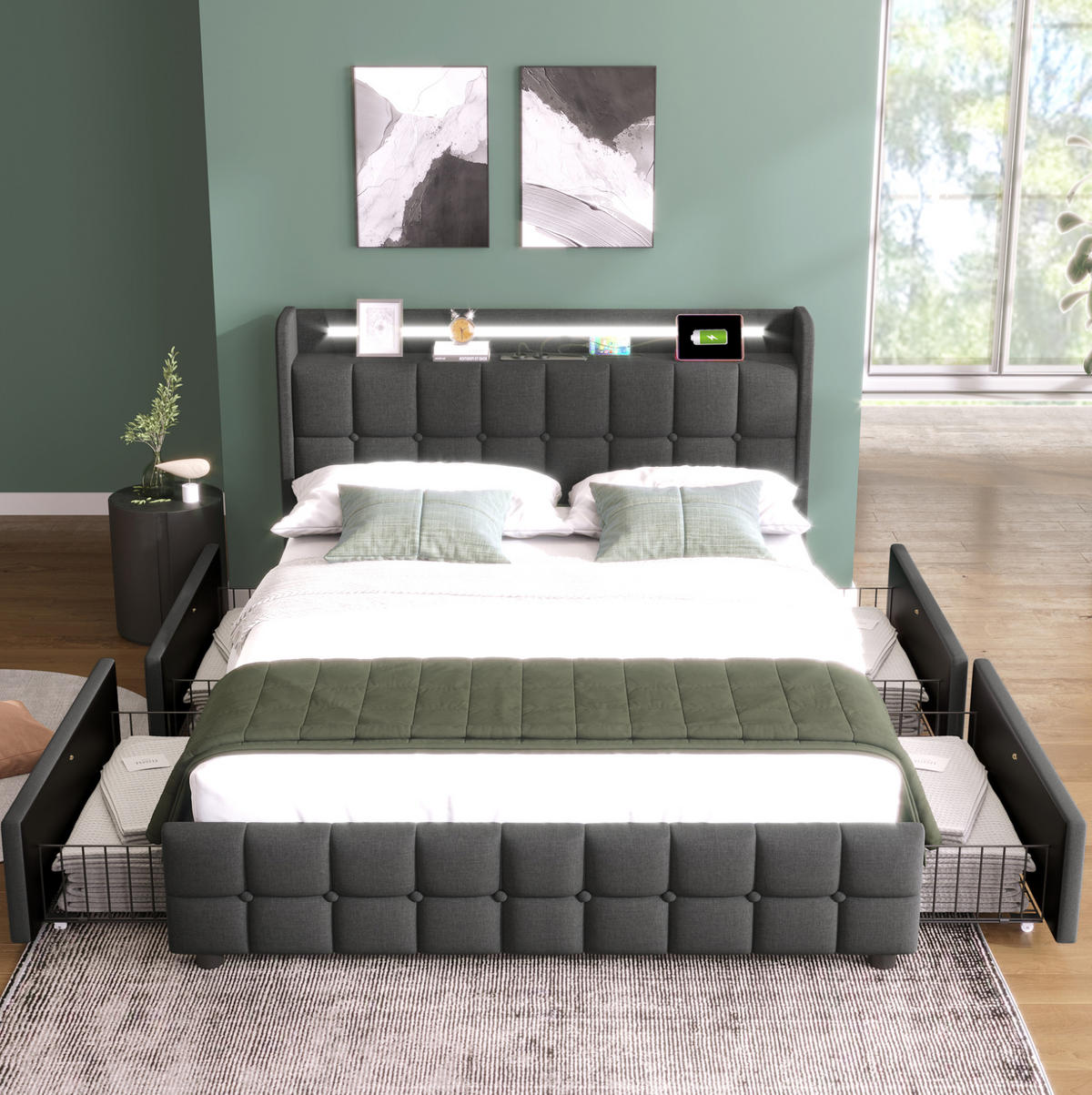 POLSTERBETT mit USB, Steckdosen, LED und 4 Schubladen 160x200 cm Grau - Grau, Holz (160/200cm) - Meubliv