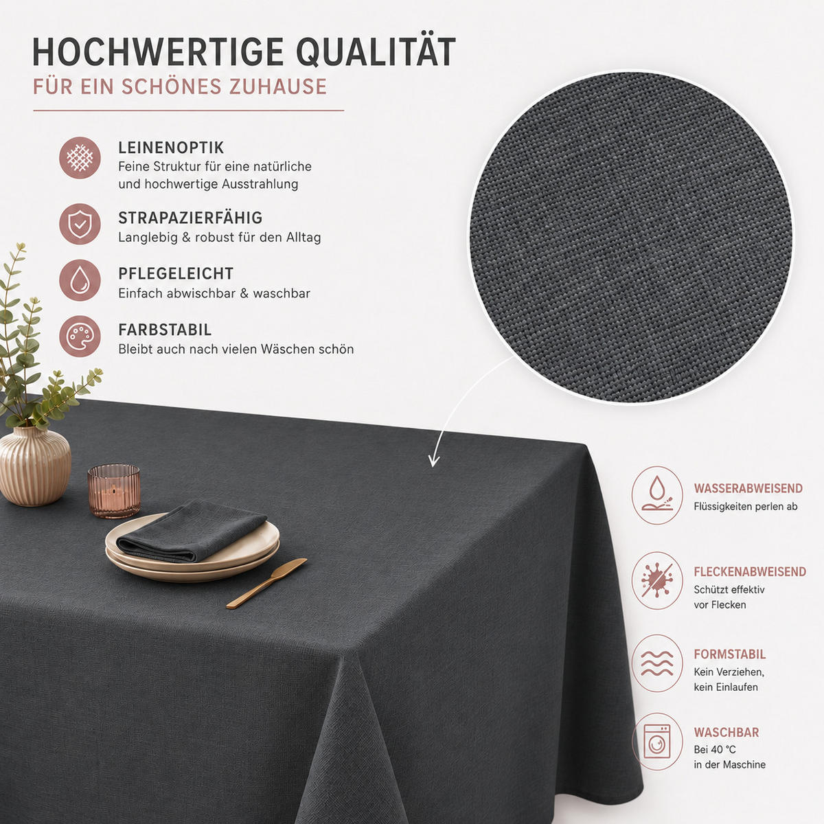 TISCHDECKE Leinenoptik 90/90 cm eckig anthrazit - Anthrazit, Kunststoff (90/90cm) - TiborTex