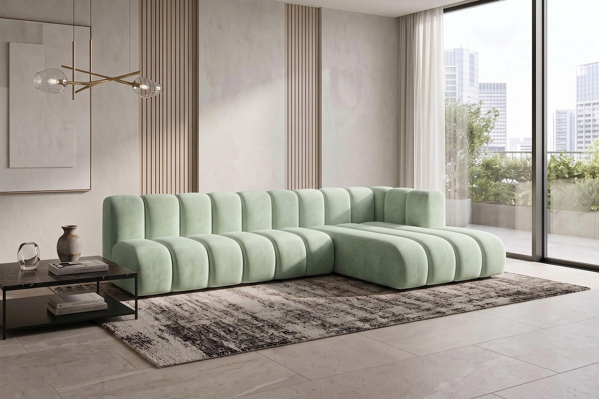 ECKSOFA Modulares In L-Form, Velvet-Stoff Riviera, Mintz, Rechts, GRAND 295 cm - Mintgrün, Holz (295/179cm) - Kaiser Möbel