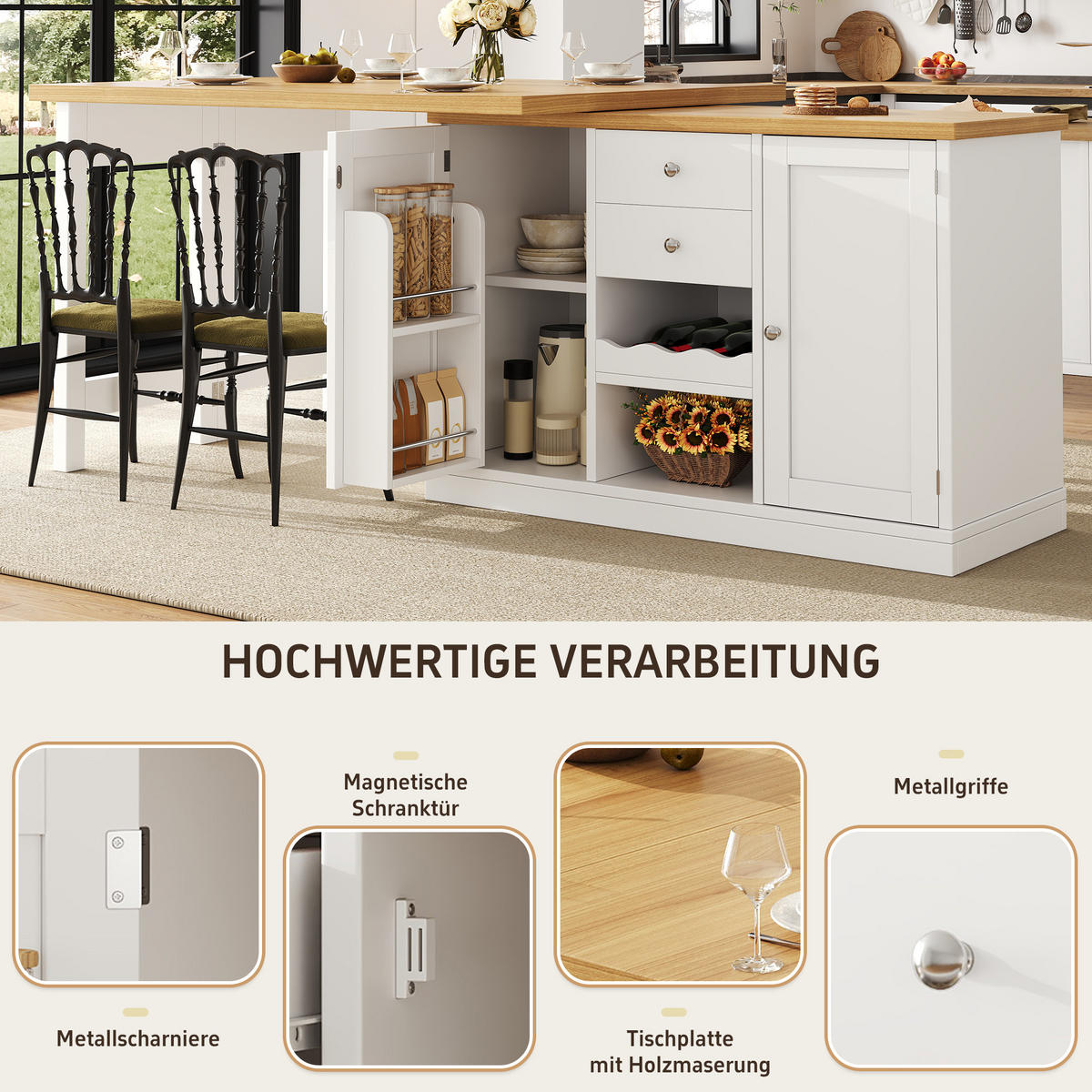 ESSTISCH Ausziehbar 120–197cm 360° Weinregal Stauraum - Weiß, Holzwerkstoff (40/120/74cm) - FLIEKS