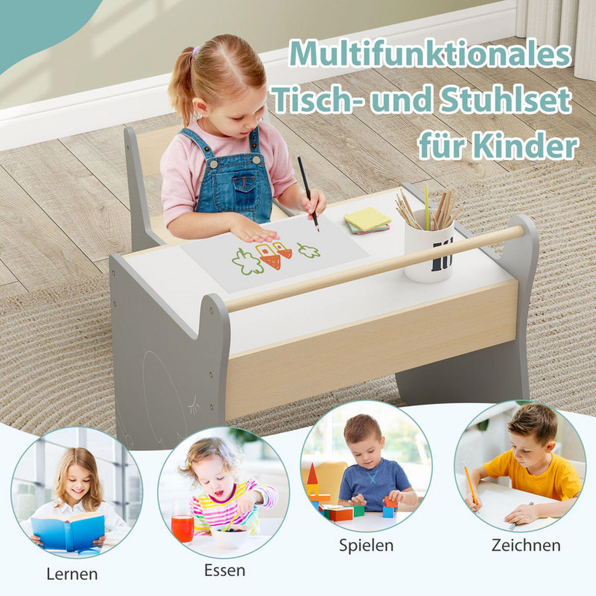 KINDERTISCH mit Stuhl grau(2-tlg) - Grau, Holzwerkstoff (61.5/59/47cm) - COSTWAY