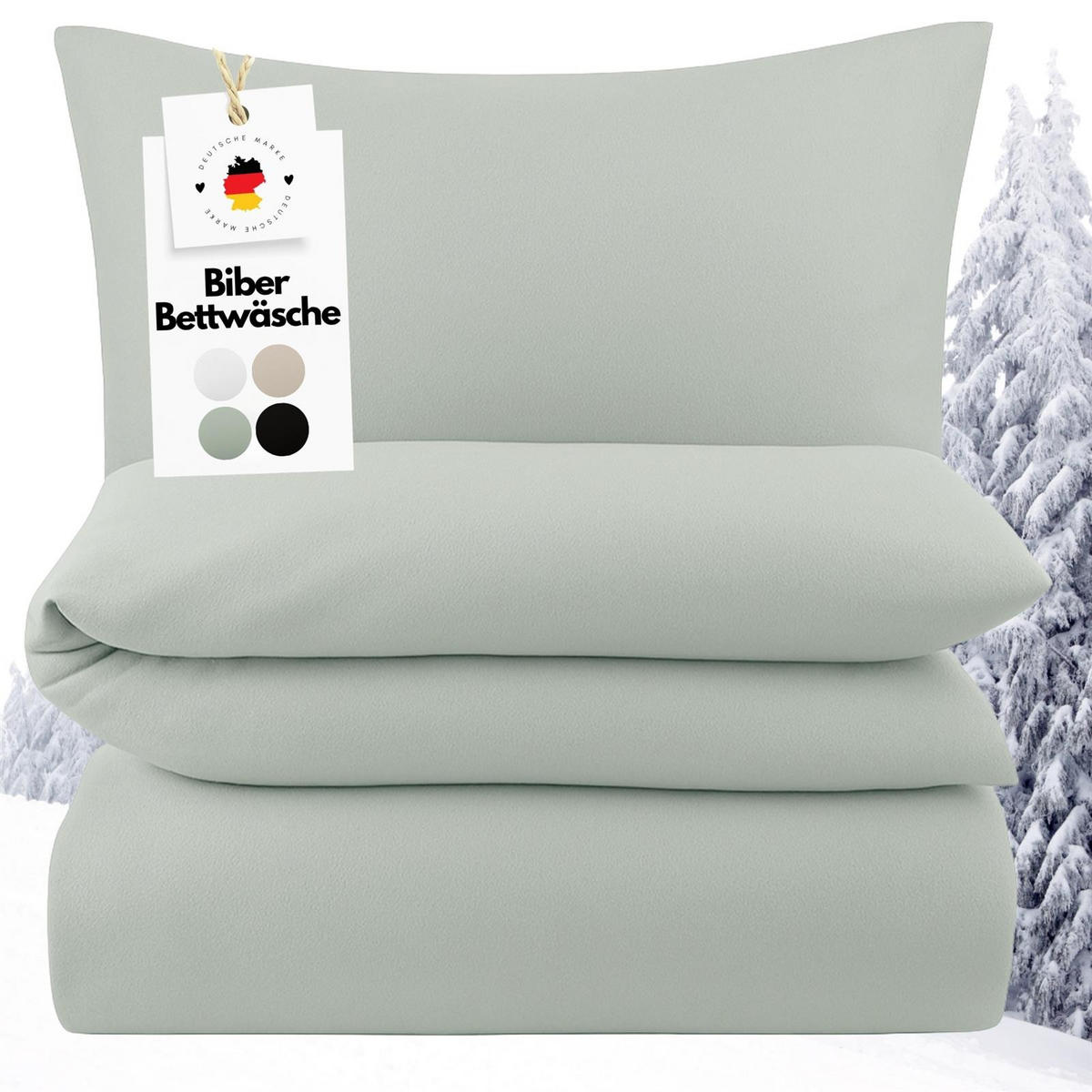 BETTWÄSCHE Biber 135x200 Salbei Grün Uni Flanell Winter Bettbezug - Made in Germany - Salbeigrün, Textil (155/220cm) - Carpe Sonno