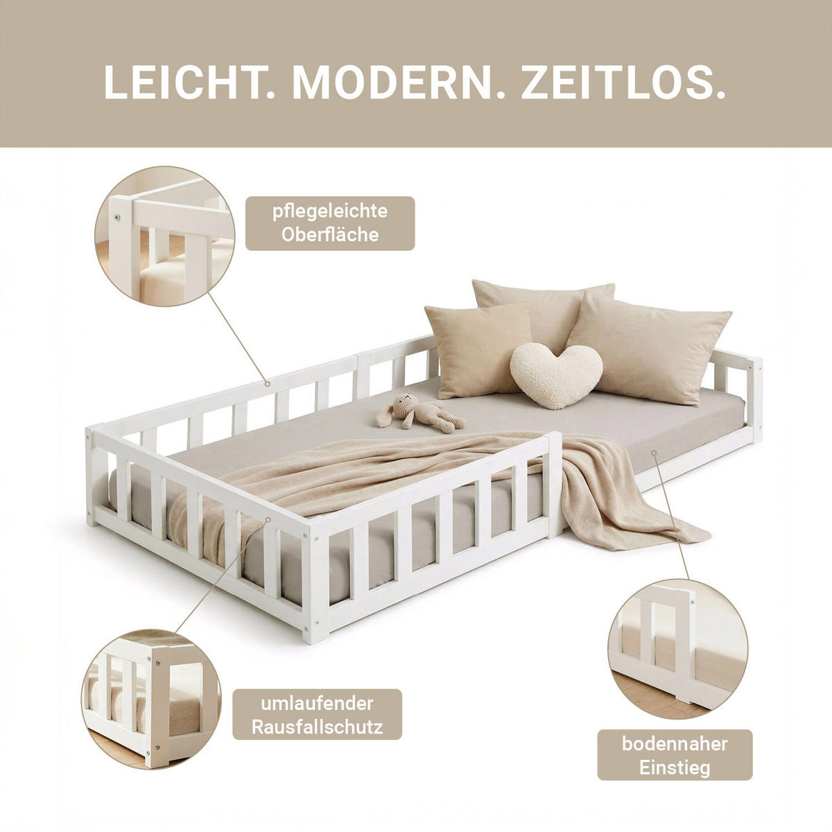 BODENBETT weiß 90x200 cm mit Lattenrost + Matratze - Weiß, Holz (90/200cm) - Homestyle4u
