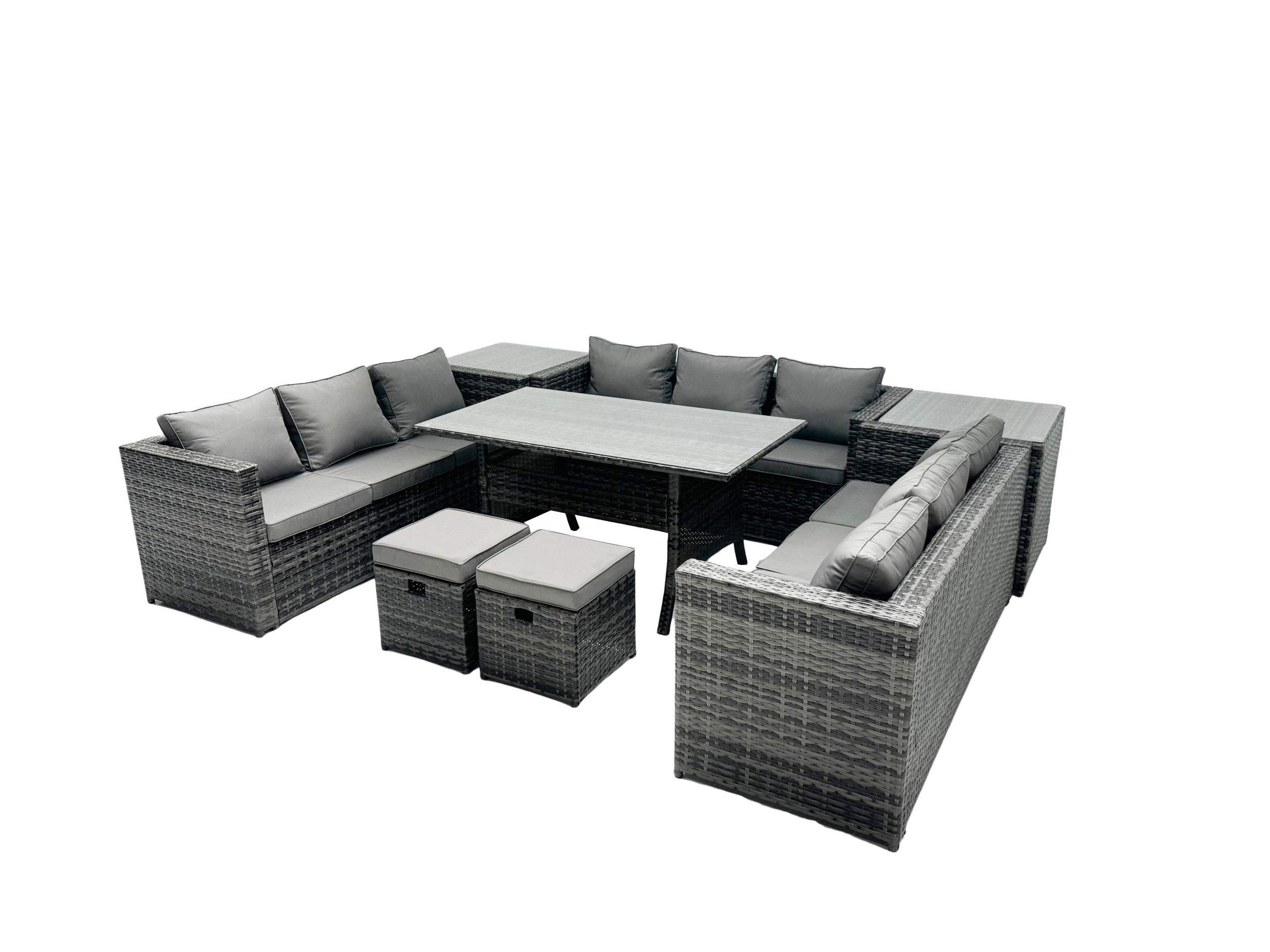 GARTENMÖBEL SET mit Beistelltisch,Hockern Polyrattan 11-Sitzer - Dunkelgrau/Grau, Glas/Kunststoff - Fimous