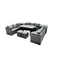 GARTENMÖBEL SET mit Beistelltisch,Hockern Polyrattan 11-Sitzer - Dunkelgrau/Grau, Glas/Kunststoff - Fimous
