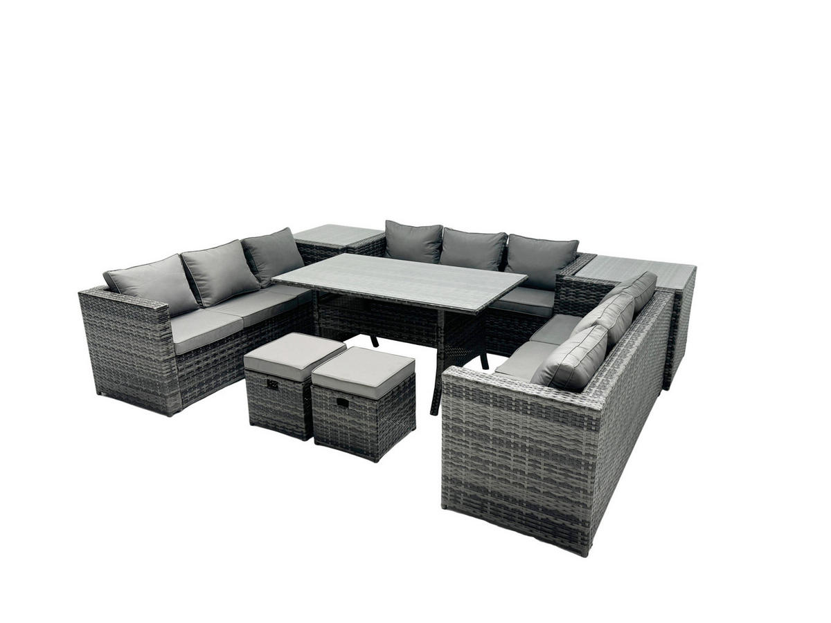 GARTENMÖBEL SET mit Beistelltisch,Hockern Polyrattan 11-Sitzer - Dunkelgrau/Grau, Glas/Kunststoff - Fimous
