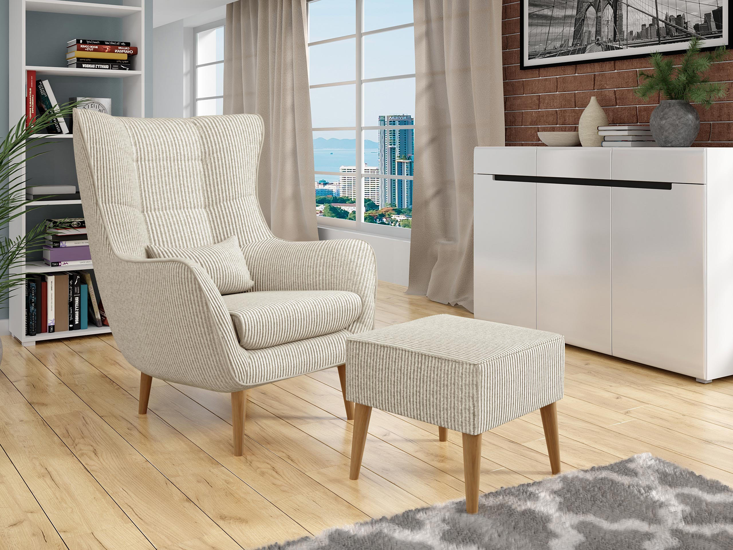SESSEL Estjano Cord mit Fußbank - Beige/Naturfarben, Holz (80/106/95cm) - MIRJAN24