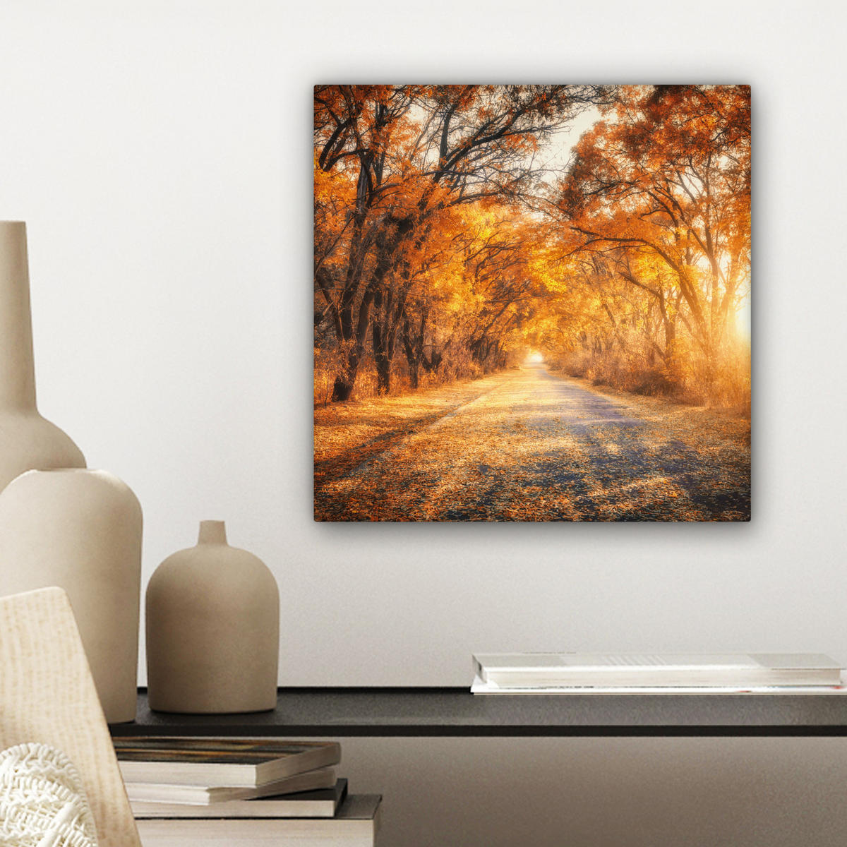 LEINWANDBILD Wald - Herbst - Bäume - Waldweg - Natur 20x20 cm - Bernsteinfarben, Textil (20/20cm) - MuchoWow