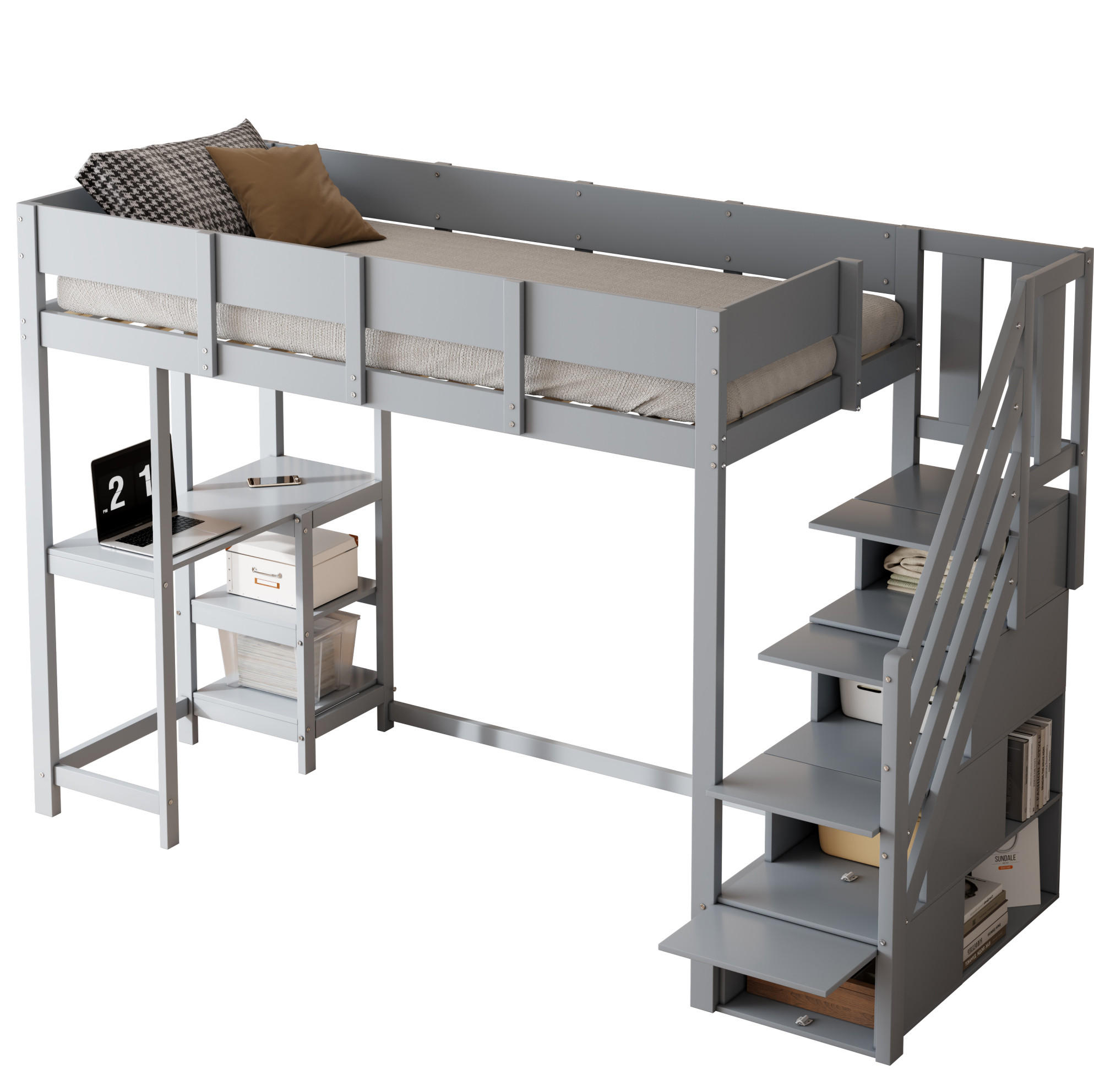 HOCHBETT 90/200 cm grau mit Stauraum und Ablage aus massivem Kiefernholz mit Matratze - Grau, Holzwerkstoff (90/200cm) - OKWISH