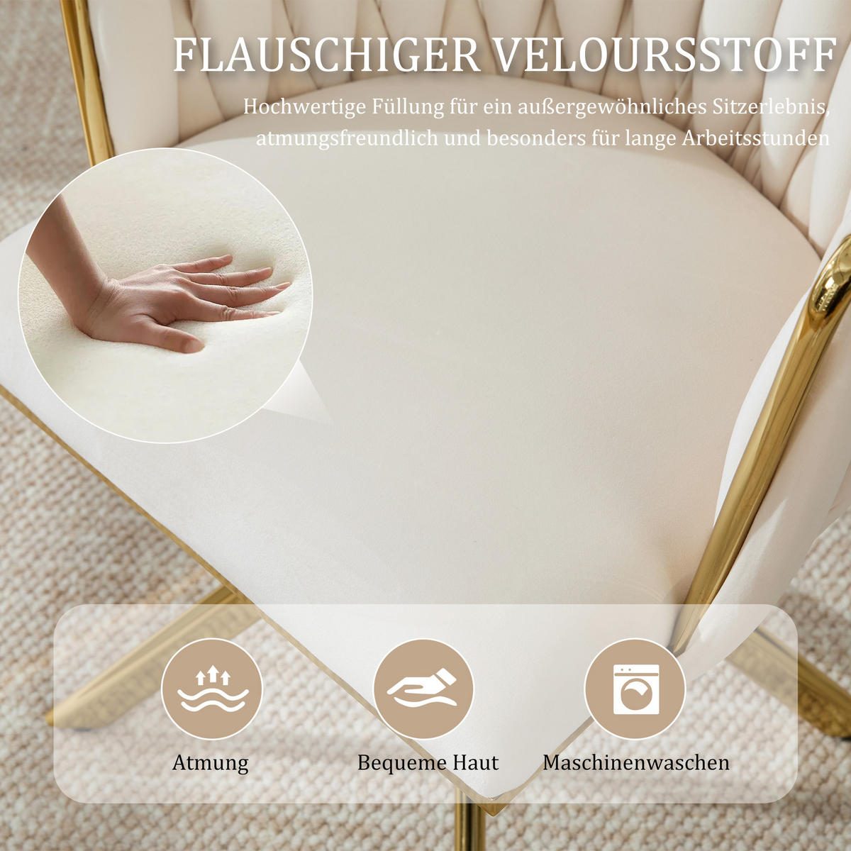 ARMLEHNSTUHL(SET à 2 Stück) mit Metallgestell - ergonomische Rückenlehne und 180° Schwenkfunktion - Elfenbein - Beige, Textil/Metall (50/70/56cm) - KOMHTOM