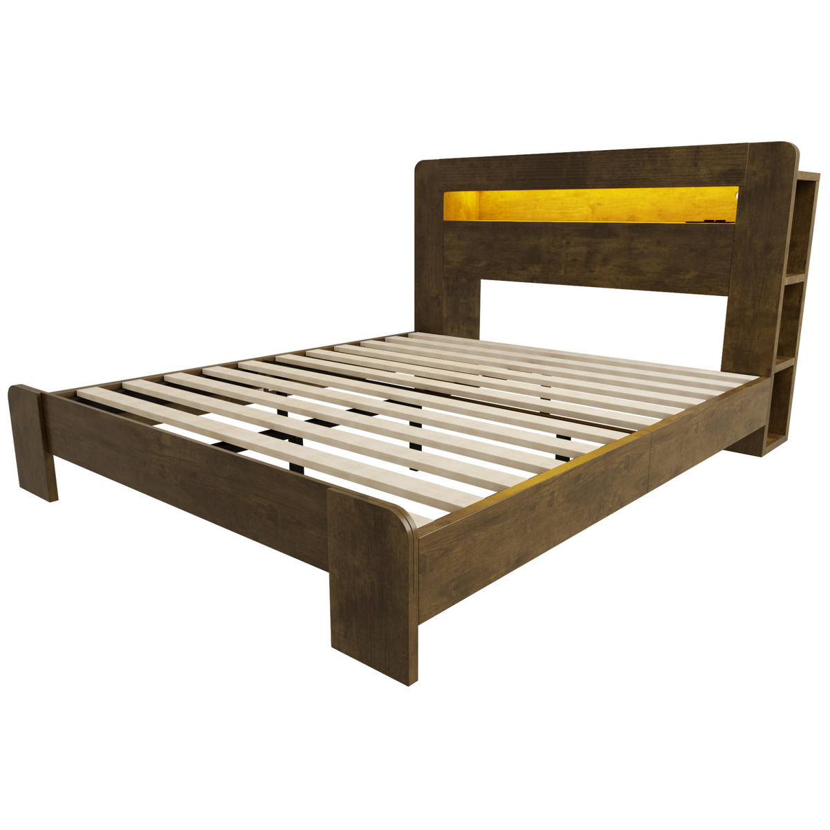 STAURAUMBETT 140/200 cm Vintage-Holz mit LED und Steckdosen - Naturfarben, Holz (140/200cm) - MIVRAY