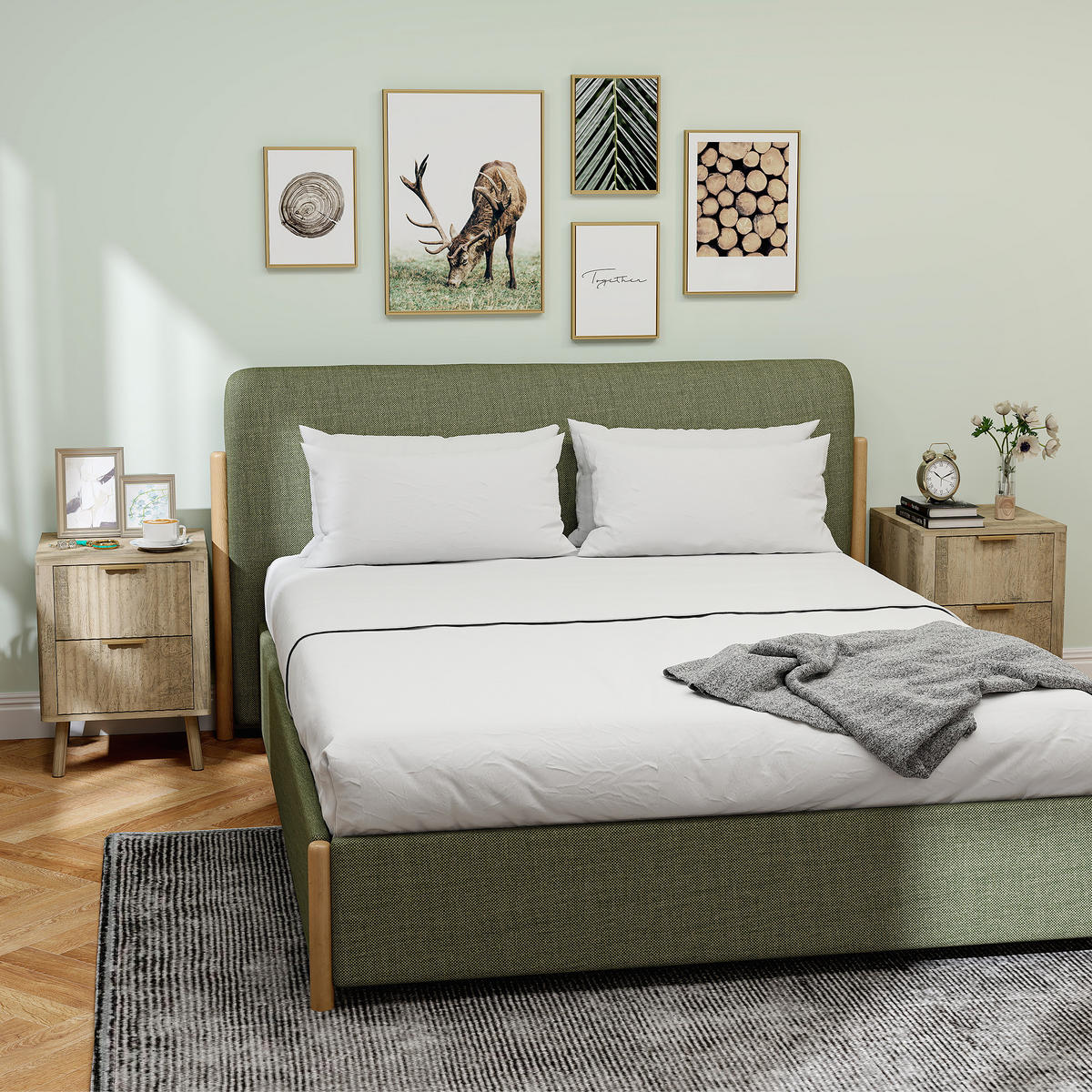 NACHTSCHRANK DE-12878 2 geriffelte Schubladen, goldene Griffe Eiche - Eichefarben, Holzwerkstoff (40/53/40cm) - ComfortXL