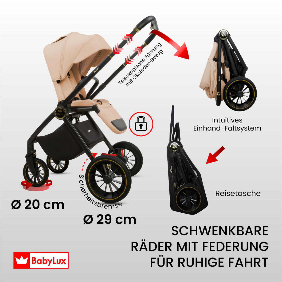 KINDERWAGEN Rosso 2in1 Beige Babywanne, Buggy Sportsitz, Faltbar, Wickeltasche - Beige/Schwarz, Textil/Metall (58/100cm) - BabyLux