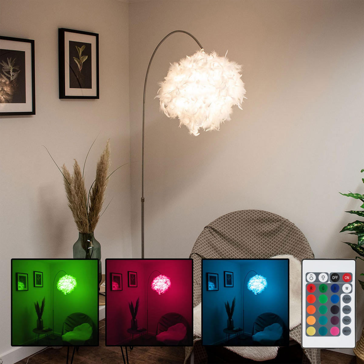 LED STEHLEUCHTE Metall Weiß Feder-Lampenschirm - Weiß, Kunststoff (96/96/196cm) - Globo Lighting
