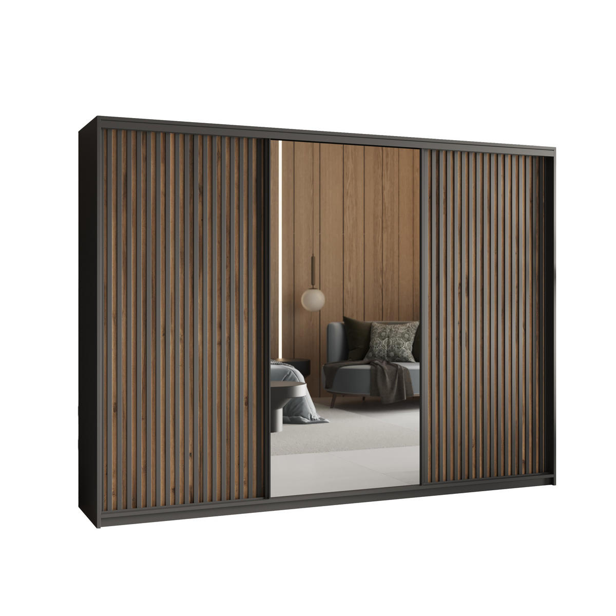 SCHWEBETÜRENSCHRANK ORRA 250/205/60 cm 3-türig mit Spiegel und Lamellen Schwarz - Eiche Wotan/Schwarz, Holzwerkstoff (250/205/60cm) - MASSENO