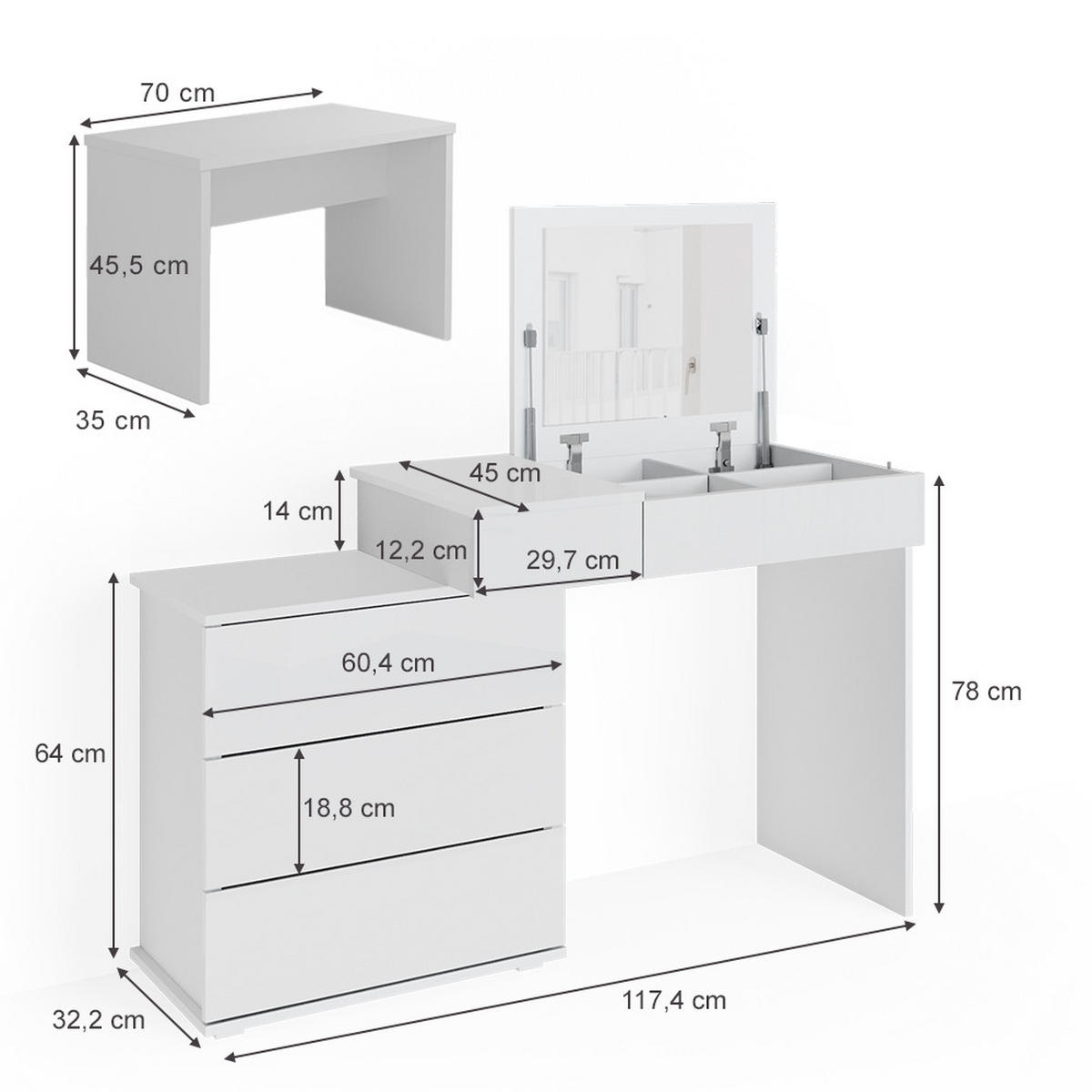 SCHMINKTISCH Lotos Weiß 117.4 cm mit Bank - Weiß, Holzwerkstoff (117.4/78/45cm) - Vicco