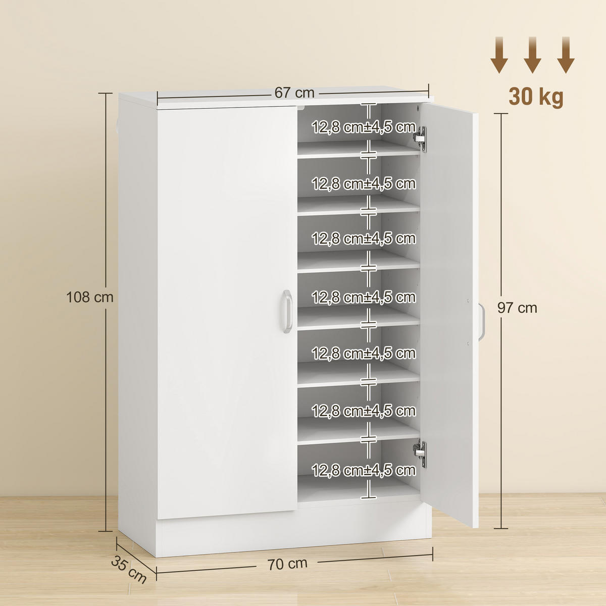 SCHUHSCHRANK Weiß 35.0/70.0/108.0 cm - Weiß, Holzwerkstoff (70/108/35cm)