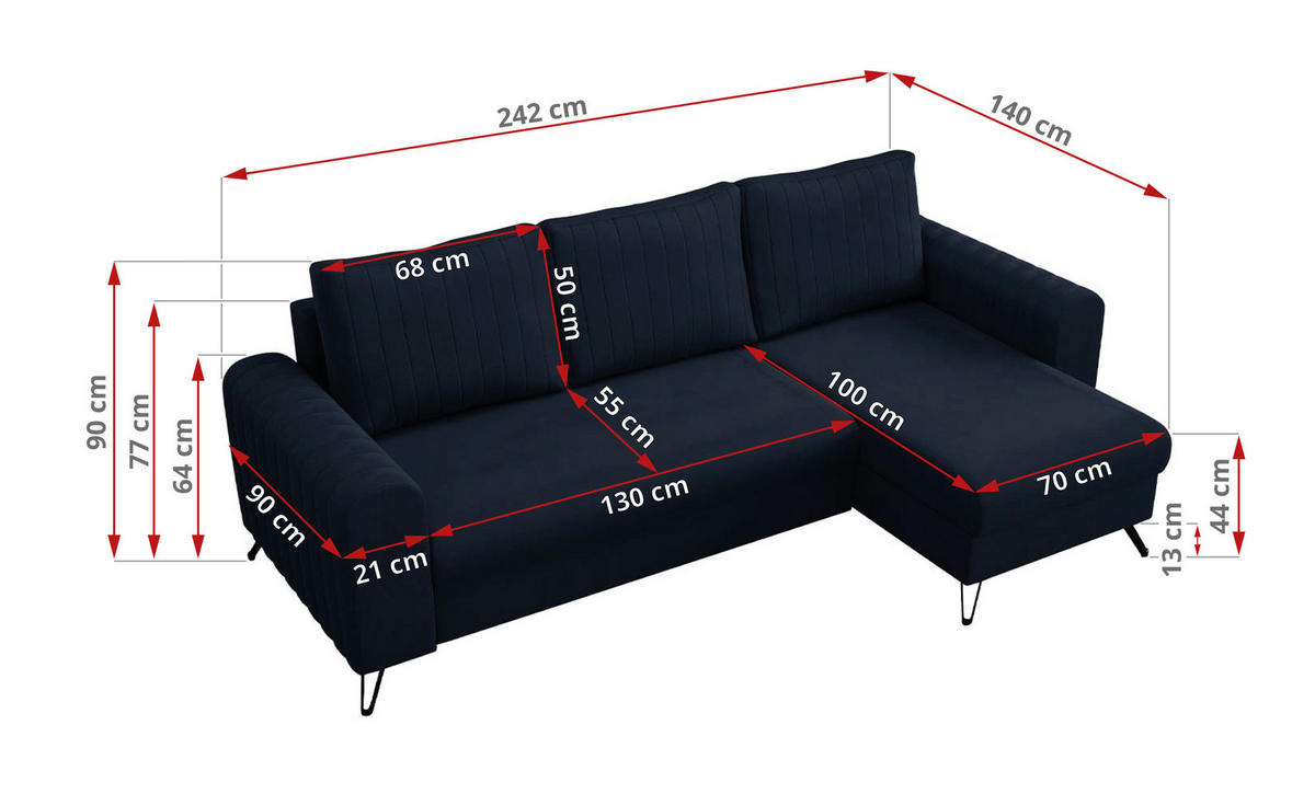 ECKSOFA Axel Samt Dunkelblau - Schwarz/Dunkelblau, Textil/Metall (242/140cm) - MKS