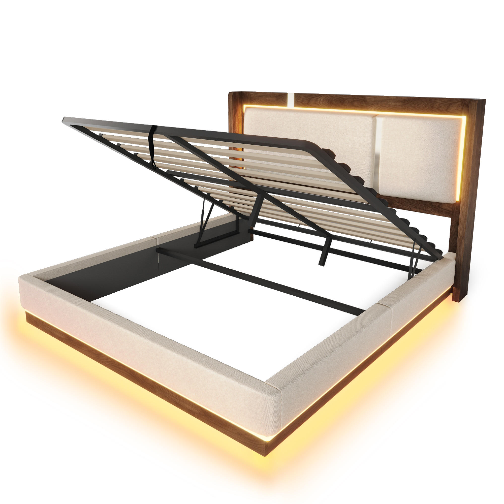 POLSTERBETT 140/190 cm Weiß mit LED und Bettkasten, ohne Matratze - Beige, Textil (140/190cm) - Oxeza