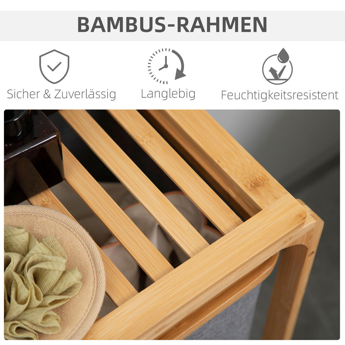 WÄSCHEKORB, Bambus, Polyester Natur+Grau - Multicolor, Naturmaterialien (32/69.7/50cm) - HOMCOM