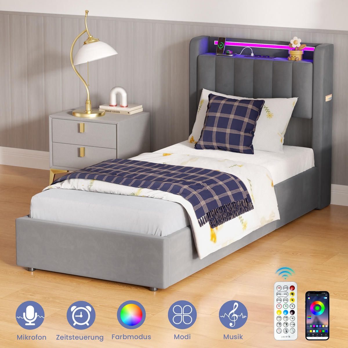 POLSTERBETT 90/190 cm Grau mit LED-Lichtleiste und USB-Anschlüssen - Grau, Holzwerkstoff (90/190cm) - OKWISH