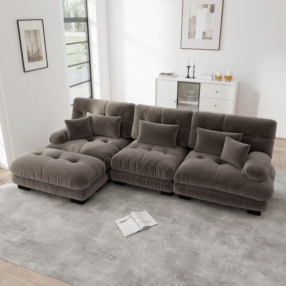 ECKSOFA Chenille Braun mit Ottomane und Kissen - Braun, Textil (313/145cm) - WISHDOR