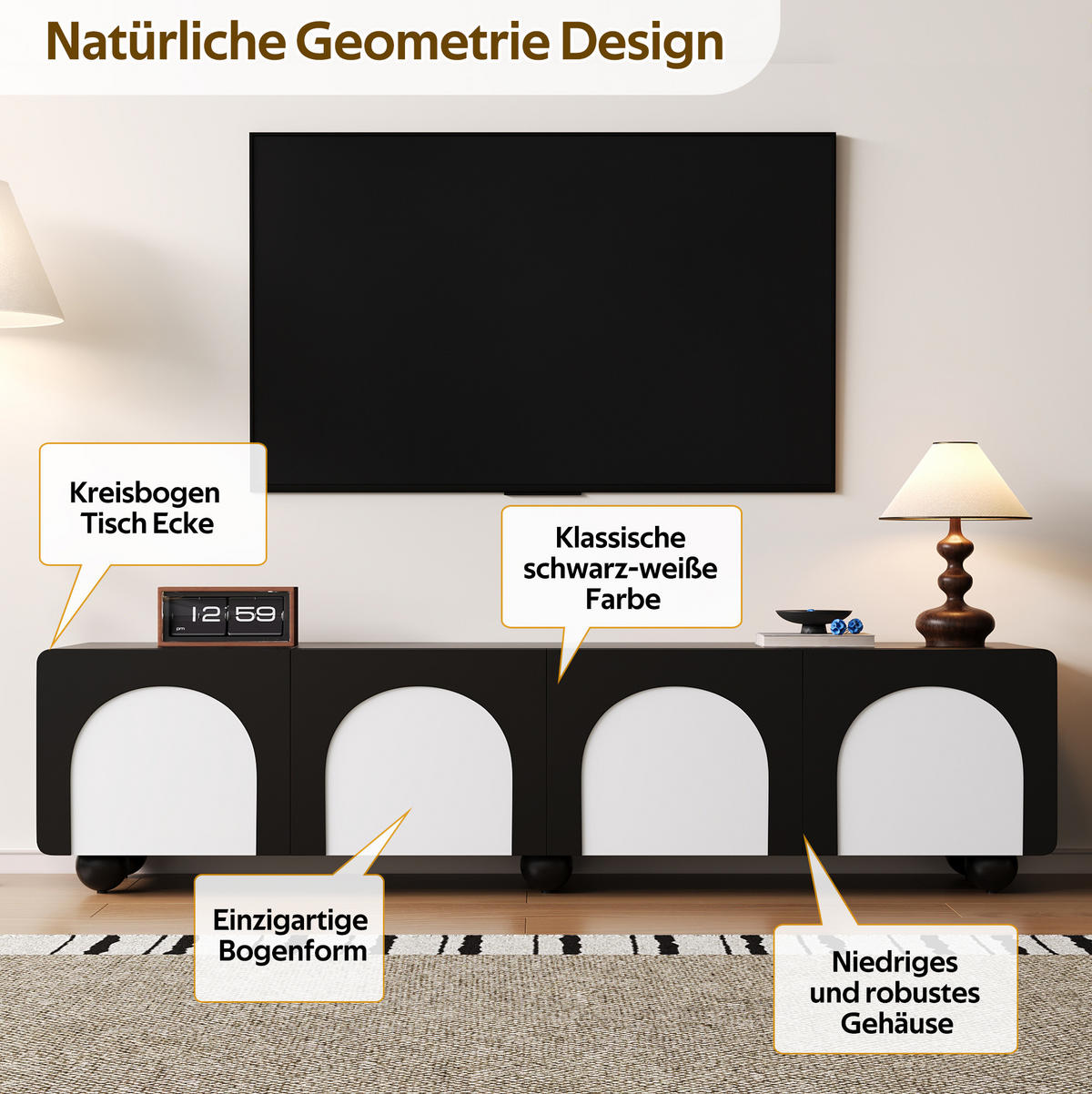 TV-LOWBOARD aus MDF und PB 180x38x45 cm Schwarz/Weiß mit Schubladen und Kabeldurchführungen - Schwarz, Holzwerkstoff (180/45/38cm) - IVMEU
