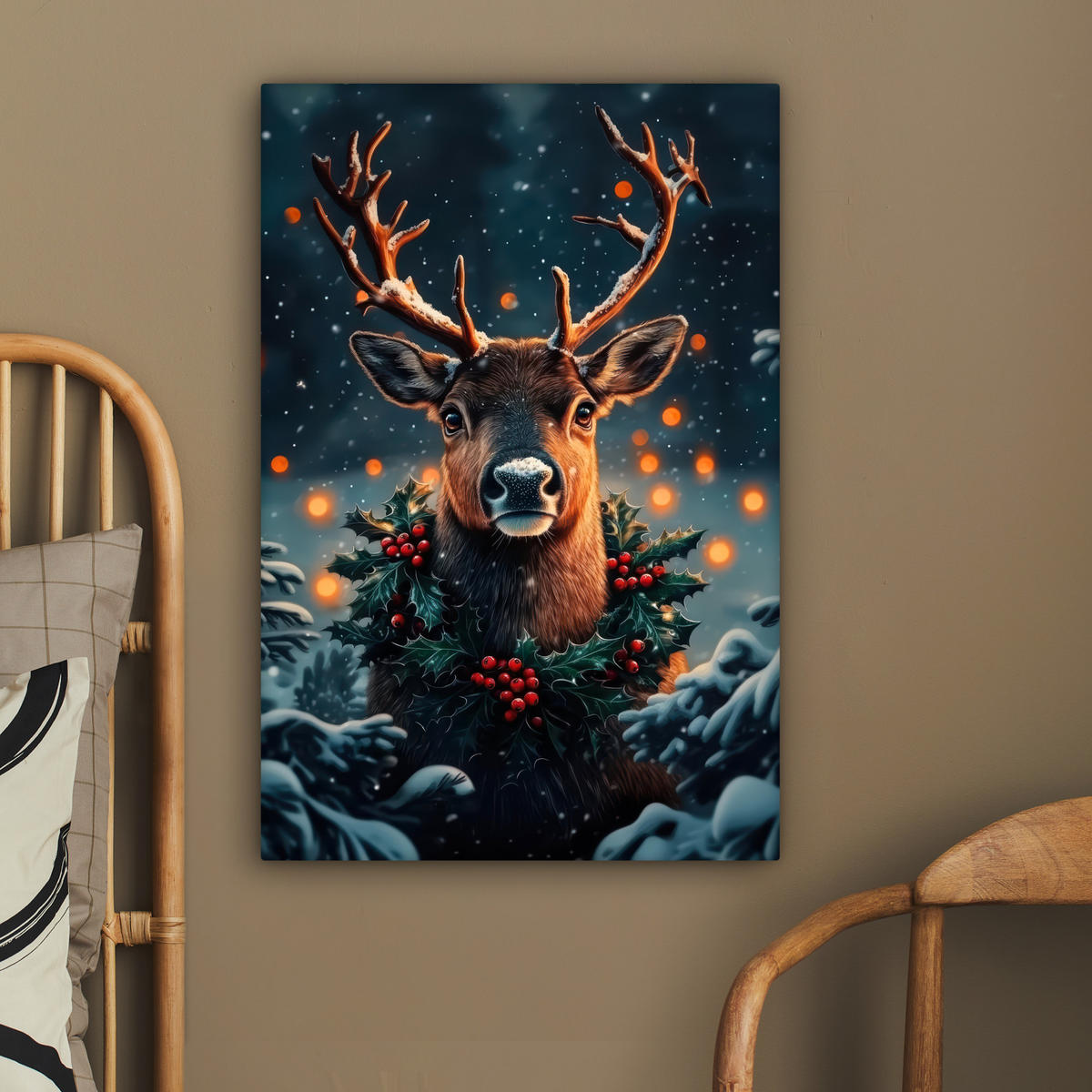 LEINWANDBILD Hirsch - Weihnachten - Winter - Schnee - Weihnachtskranz 40x60 cm - Dunkelbraun, Textil (40/60cm) - MuchoWow