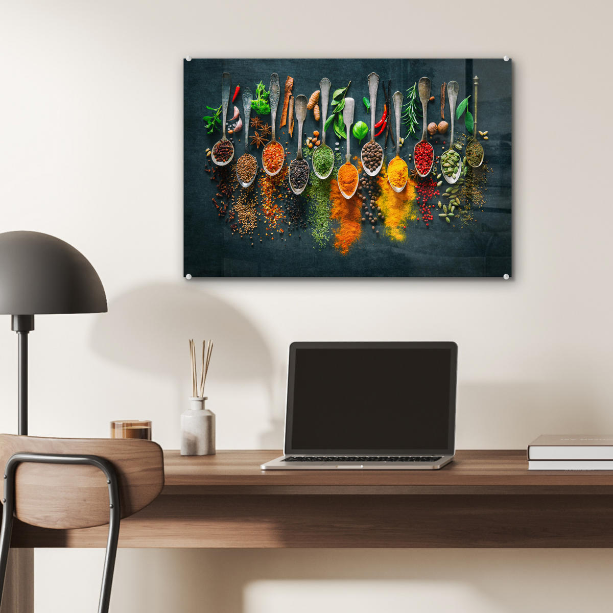 ACRYLGLASBILD Kräuter - Gewürze - Löffel 60x40 cm - Currygelb, Glas (60/40cm) - MuchoWow