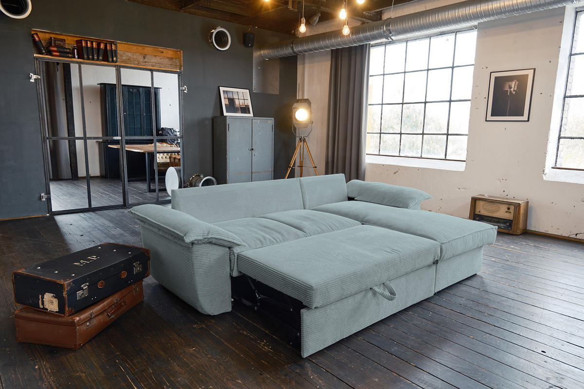 ECKSOFA DAMETO Hellblau Cord - Schwarz/Hellblau, Kunststoff/Textil (266/174cm) - KAWOLA