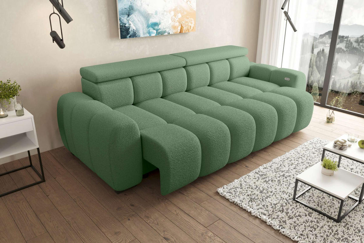 BIGSOFA ALESSIO Bouclé-Stoff Mintgrün mit elektrischer Sitztiefenverstellung - Mintgrün, Kunststoff/Textil (248/77/108cm) - 99rooms
