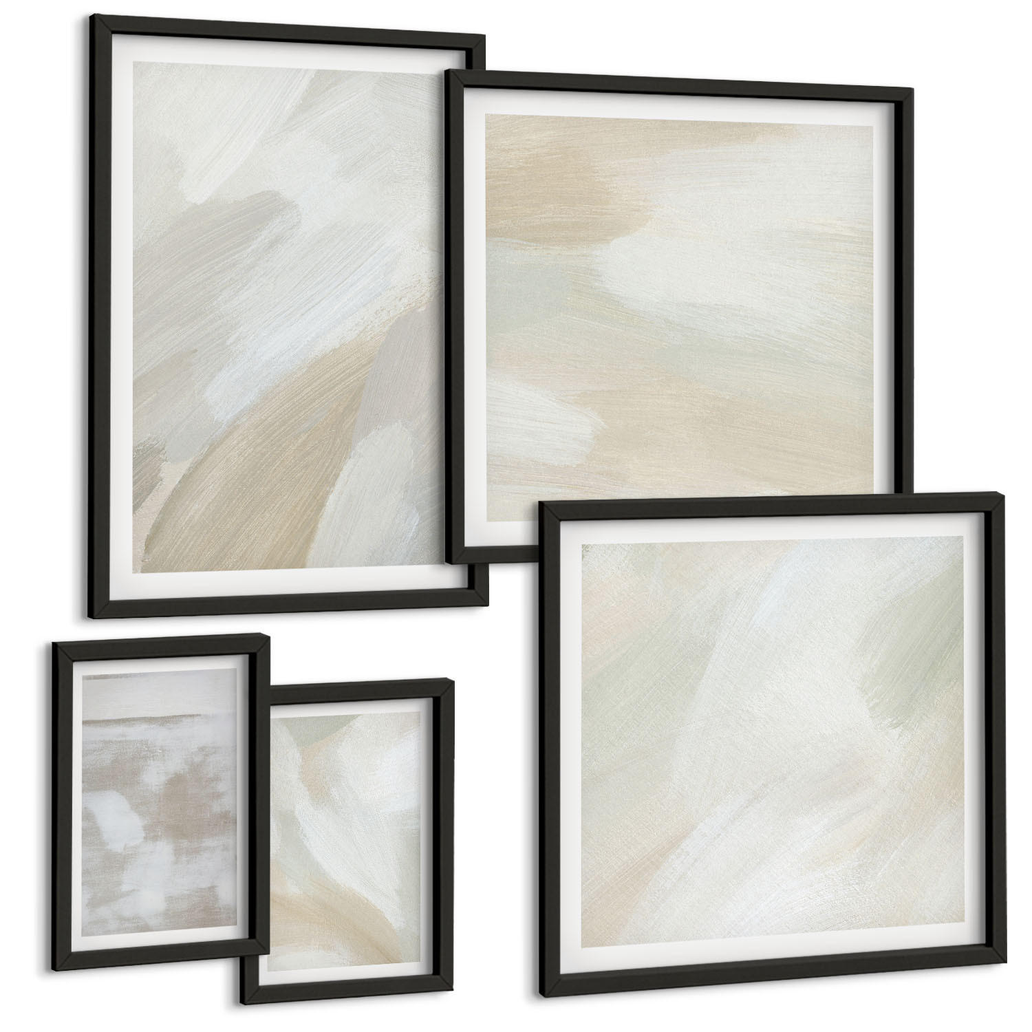 BILDER SET 5er Set - 50x50 cm & 20x30 cm & 40x60 cm Schwarzer Rahmen - Abstrakte Pinselmalerei auf Leinwand - Schwarz, Kunststoff (40/60cm) - TULUP