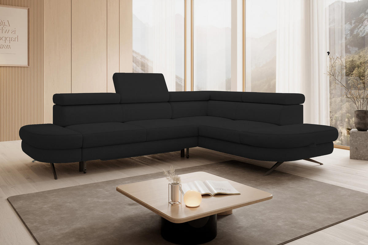 ECKSOFA OTIS L-förm, Schlaffunktion, verstellbare Kopfstützen, in AURORA-Stoff, lose Rückenkissen, freistehend, RECHTS 276x218x97 cm Black - Schwarz, Holz/Textil (276/218cm) - DomoHome