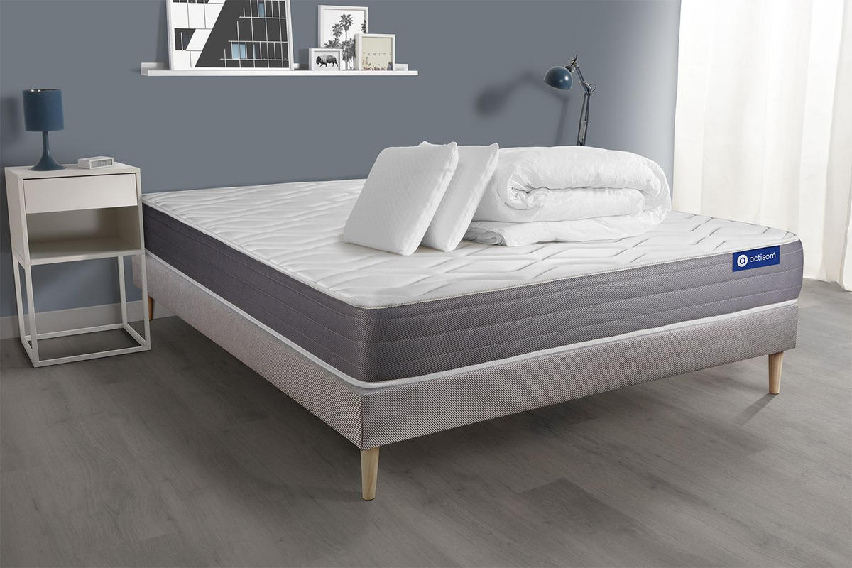 BETT Actiflex dream Taschenfederkern und Memory-Schaum 140 x 200 cm h1 - Kit Bettgestell Grau - Mit Kissen und Bettdecke - Beige/Grau, Holz/Textil (140/200cm) - ACTISOM