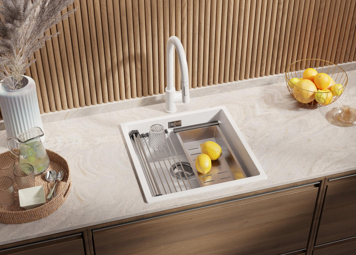 GRANITSPÜLE Praga Slim, 2-er set Weiß 46/47 cm 1 Becken + Küchenarmatur 40/20 cm + Ablauf-Set + Aufrollbare Abtropffläche ab 50er Unterschrank - Chromfarben/Weiß, Kunststoff (46/20/47cm) - Primagran