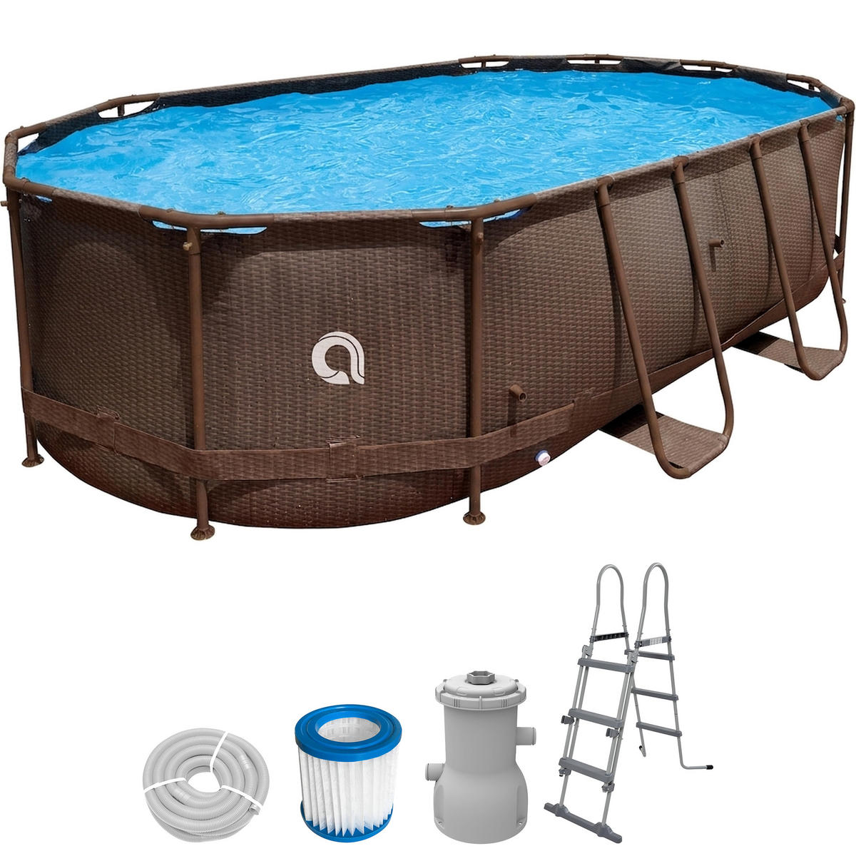 POOL Komplettset Framepool oval 427x275x100 cm rattan-braun mit Filterpumpe - Braun, Kunststoff/Metall (275/100/427cm) - Avenli