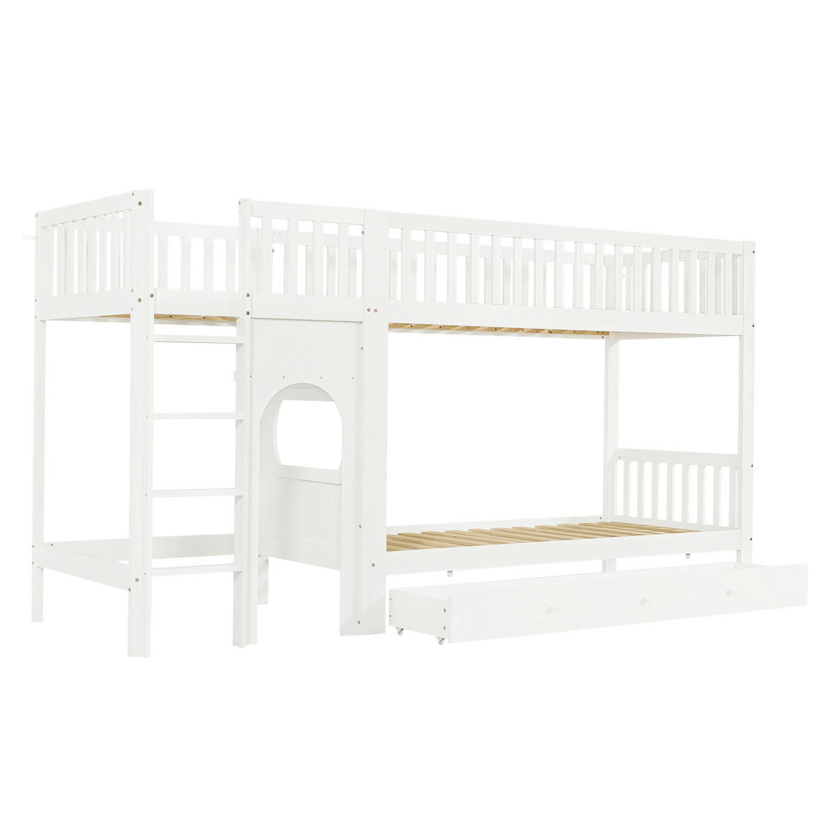 PATROVÁ postel 90/200 cm bílá a přírodní z masivního dřeva a MDF s rovnými schody a zábranami - bílá, dřevo (90/200cm) - OKWISH