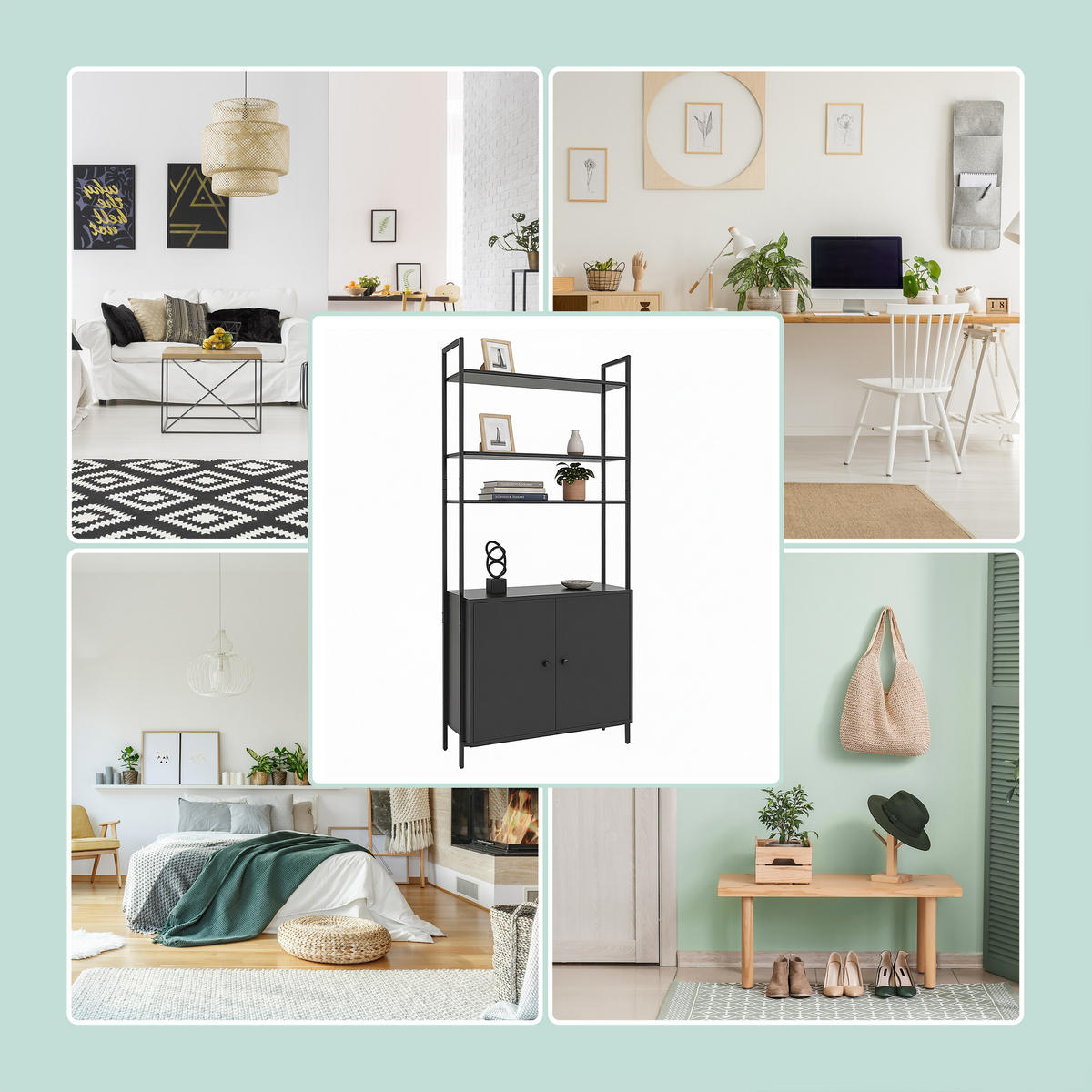 BÜCHERREGAL - Schwarz, Holzwerkstoff/Metall (60/159.5/24cm) - Relaxdays