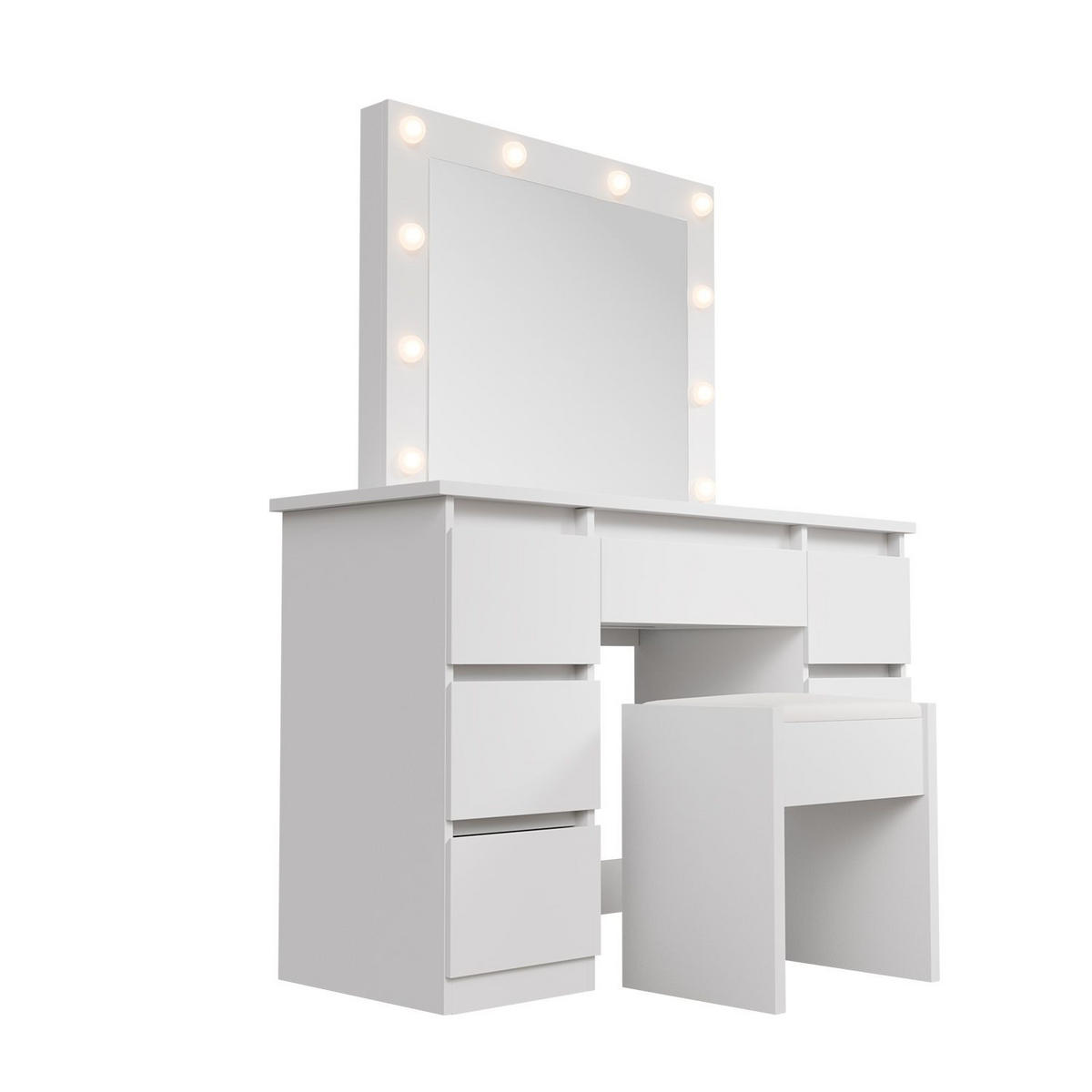 SCHMINKTISCH Talea mit LED (3 Lichtstufen) inkl Hocker Melly - Weiß, Holz (110/141/40cm) - Juskys