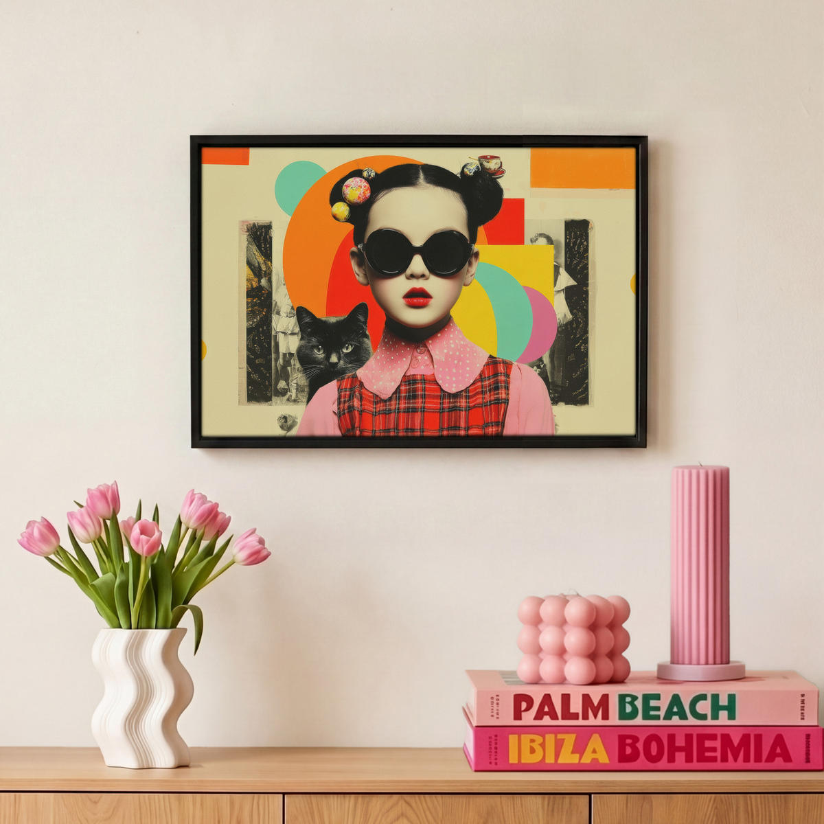 LEINWAND Bilder mit Rahmen - Mädchen - Sonnenbrille - Katze - Retro - 30x20 - Beige, Textil (30/20cm) - MuchoWow