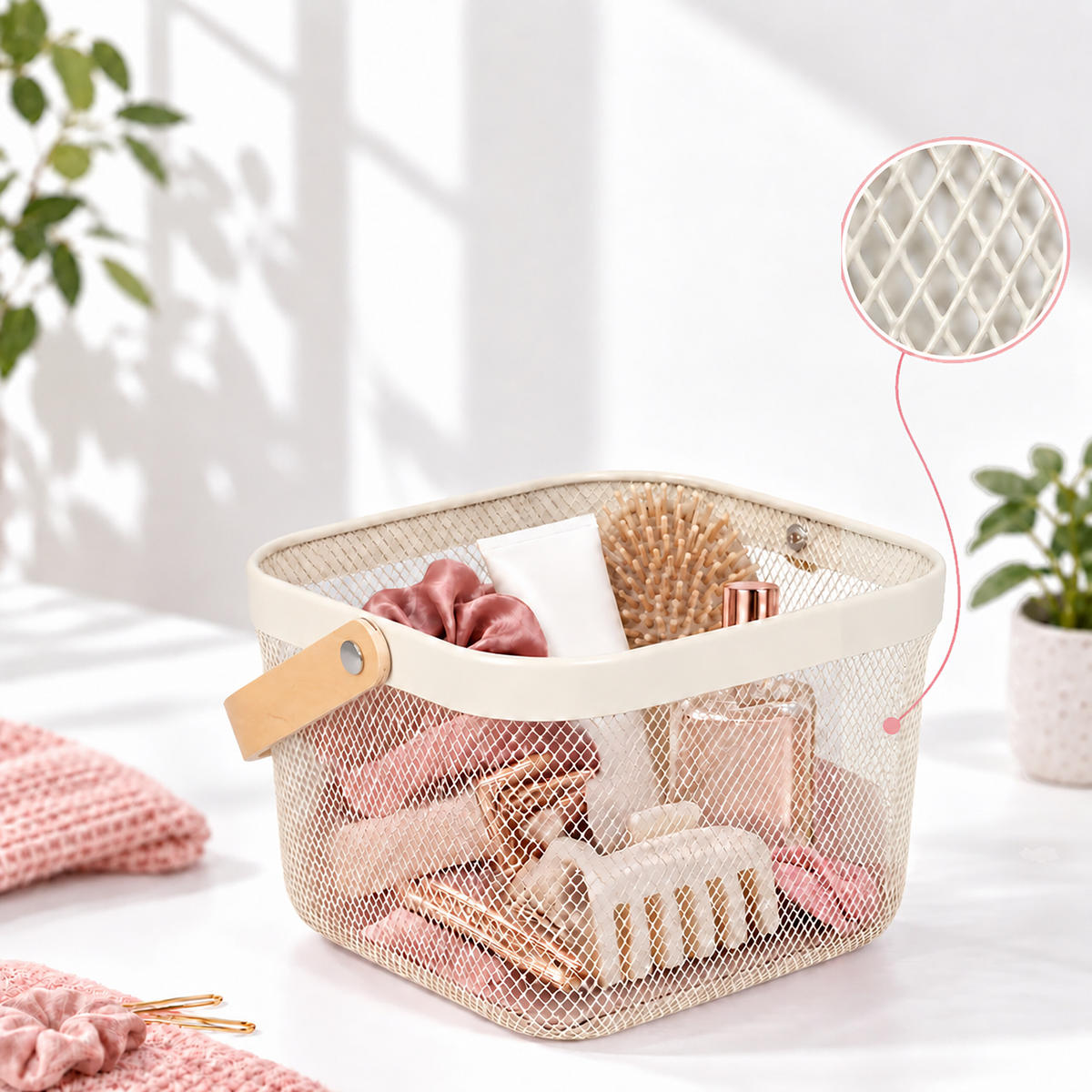 AUFBEWAHRUNGSKORB Creme Metall Holzgriff - Creme, Holz/Metall (26/17.5/24.5cm) - Relaxdays