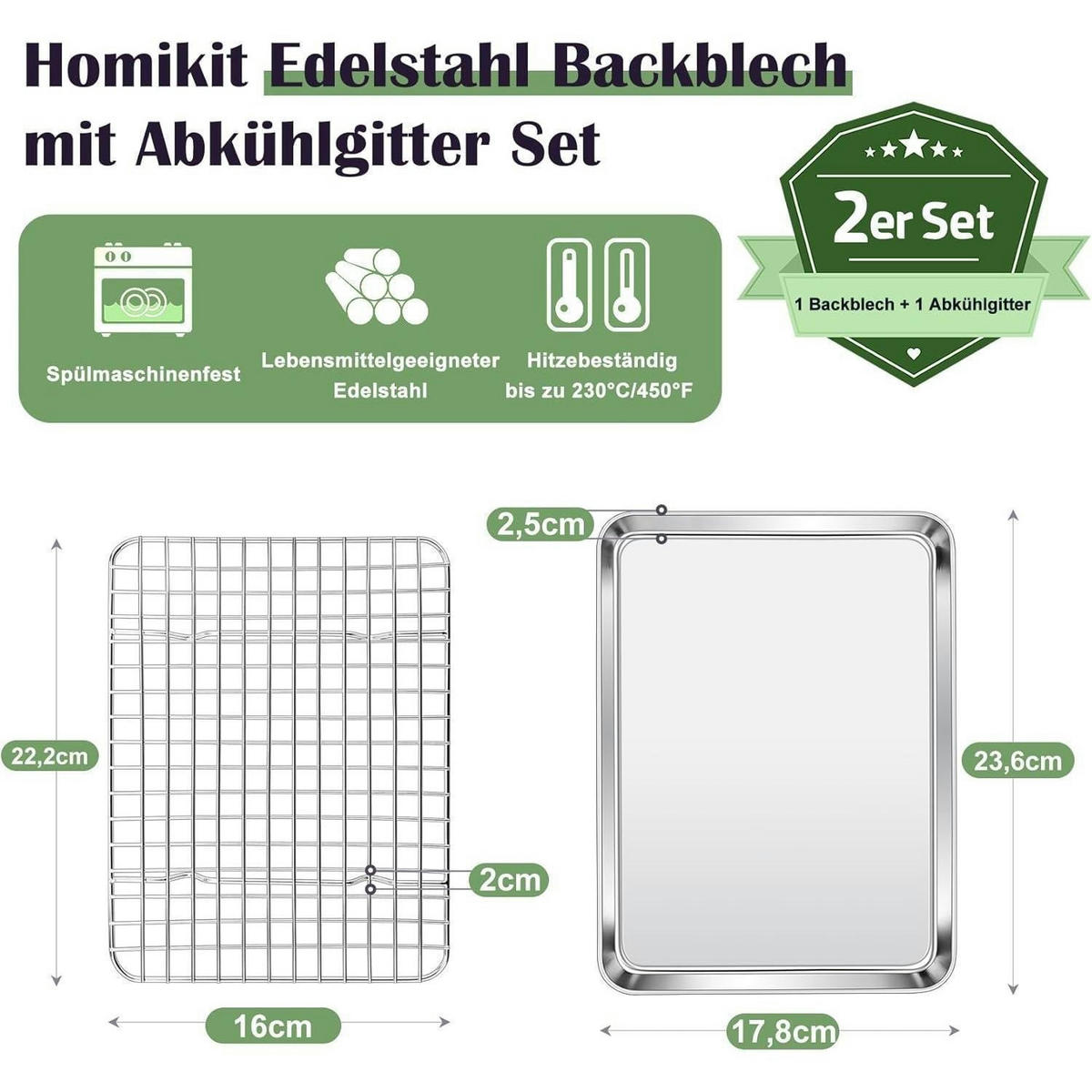 BACKBLECH mit Abkühlgitter 23,6 x 17,8 x 2,5 cm Edelstahl Set - Silberfarben, Metall (17.8/2.5/23.6cm)